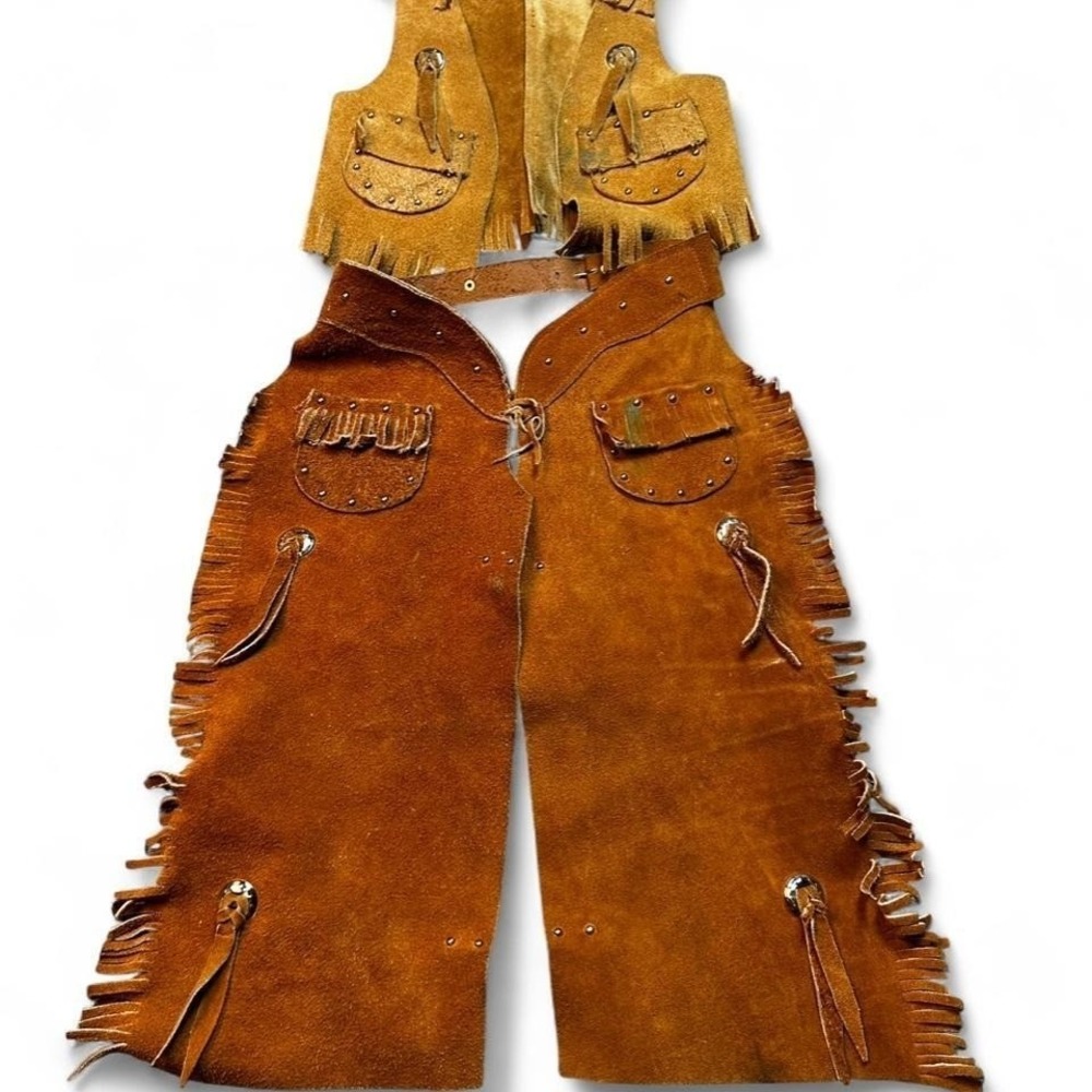 Vintage Sears Childrens Leather Chaps and Vest Cowboy Rodeo Large (6-6X)